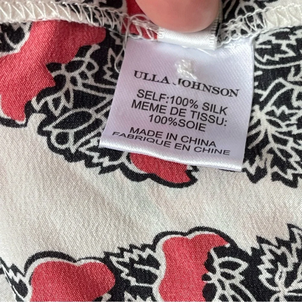 ULLA JOHNSON 100% Silk Printed Tie‎ Neck Peasant Blouse Red Black Cream Size 2